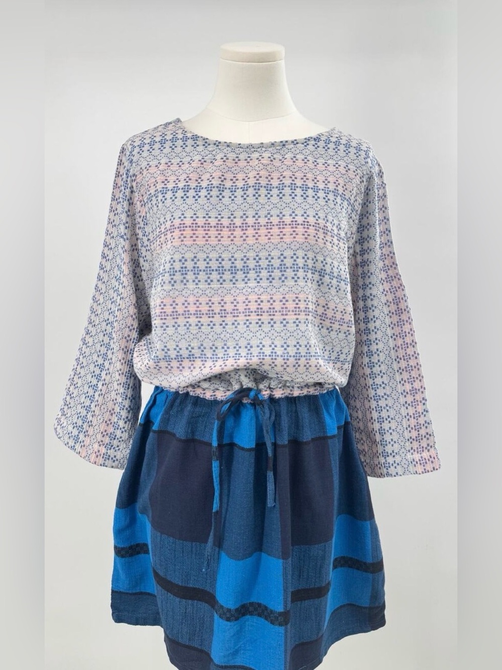 Ace & Jig Mix Media Blue Dress Stripe Plaid Drawstring Waist Mini Short  L